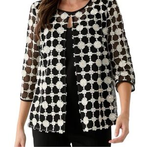 Alex Evenings Embellished Sequin Geometric Design 3/4 Sleeve Black Blouse Medium